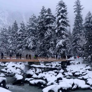 Tourists cross a bridge after fresh snowfall at Sonamarg in Ganderbal district of Kashmir, Thursday, January. 12, 2023. 
PHOTO BY BILAL BAHADUR